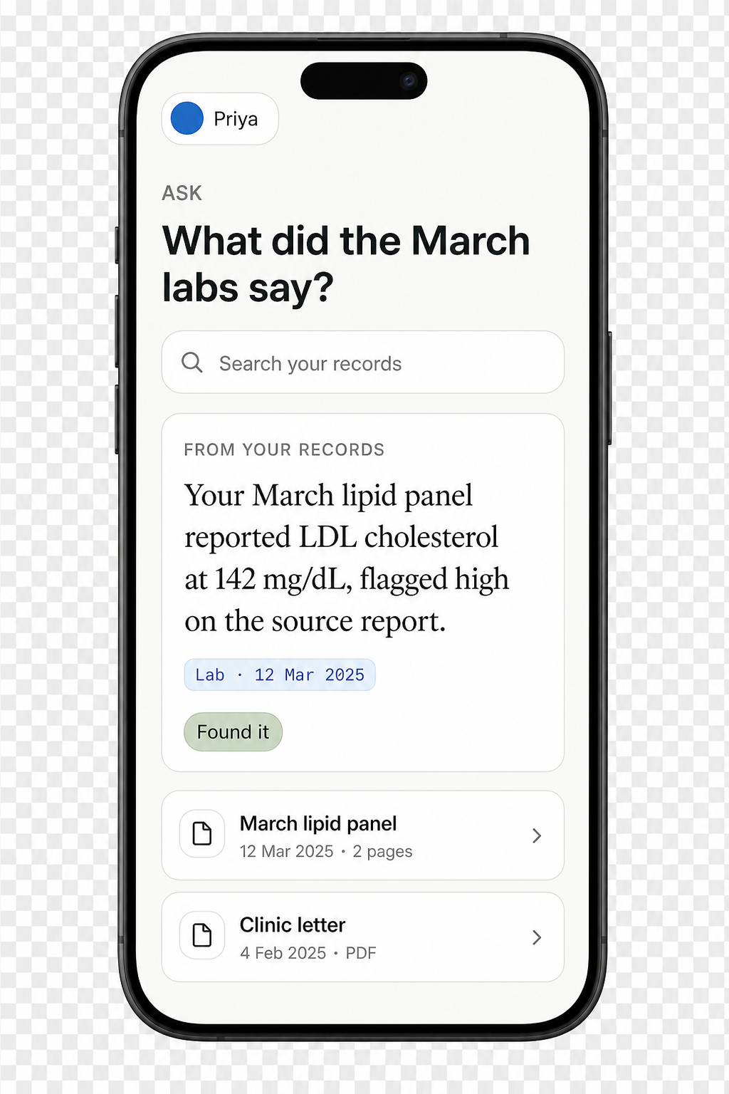 Longstory Ask screen showing a cited answer from your own records